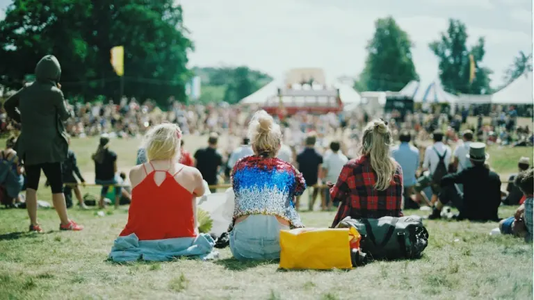 Zuschauer bei einem entspannten Open-Air-Konzert auf einer grünen Wiese bei sonnigem Wetter.