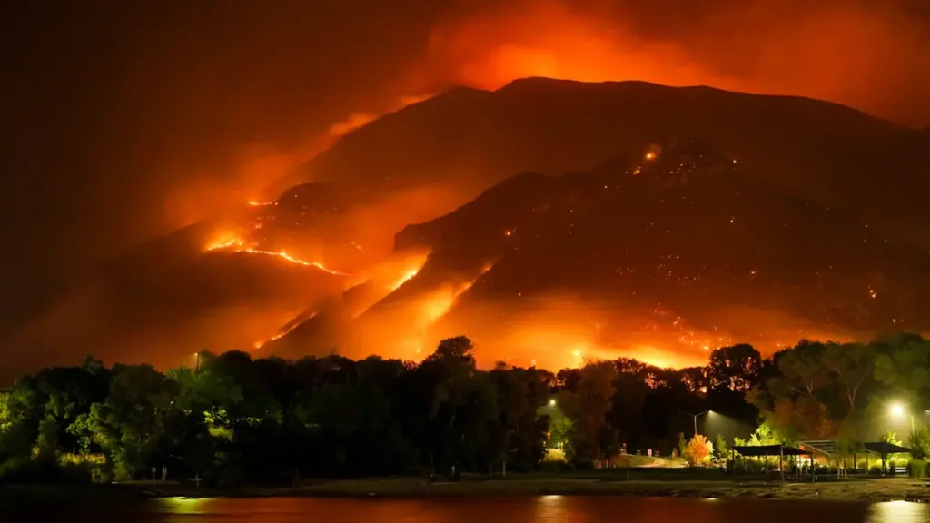 Ein großes Feuer brennt nachts in den Bergen nahe einem Gewässer.
