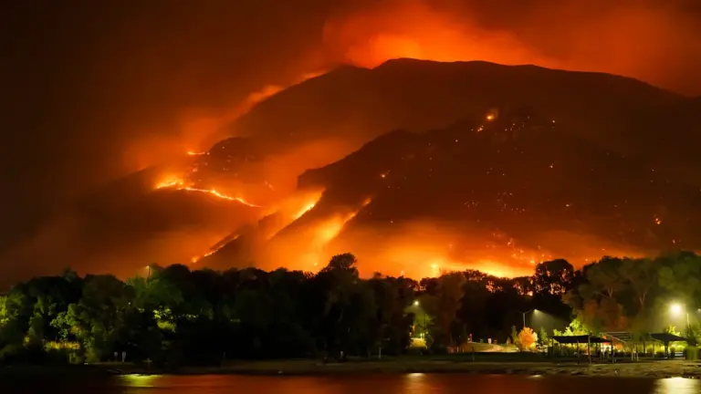 Ein großes Feuer brennt nachts in den Bergen nahe einem Gewässer.