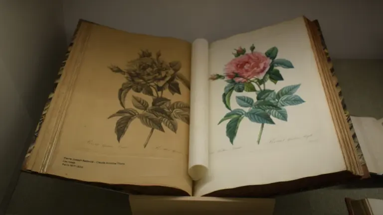 Ein aufgeschlagenes, historisches Buch mit detailreichen, handgezeichneten botanischen Illustrationen von Rosen.