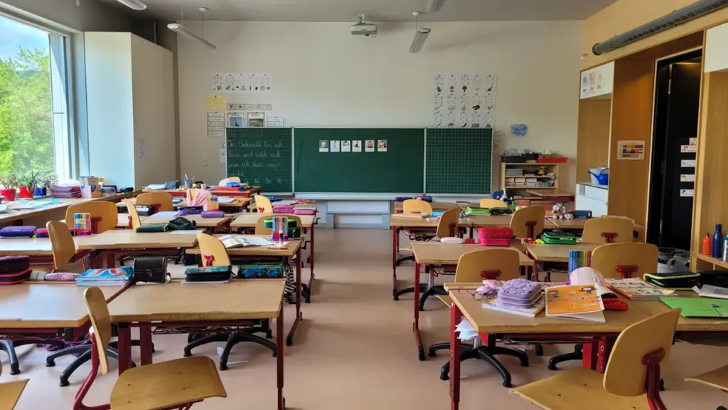 Ein leeres Klassenzimmer in Deutschland mit Tischen und Stühlen vor einer grünen Tafel.