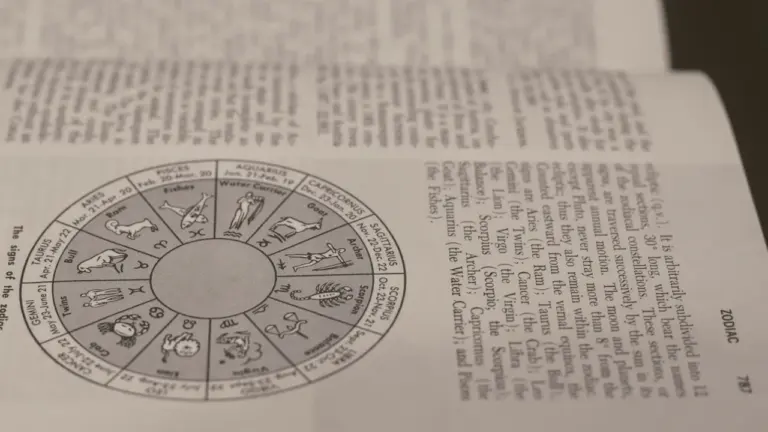 Ein offenes Buch zeigt eine detaillierte Illustration der zwölf Tierkreiszeichen.