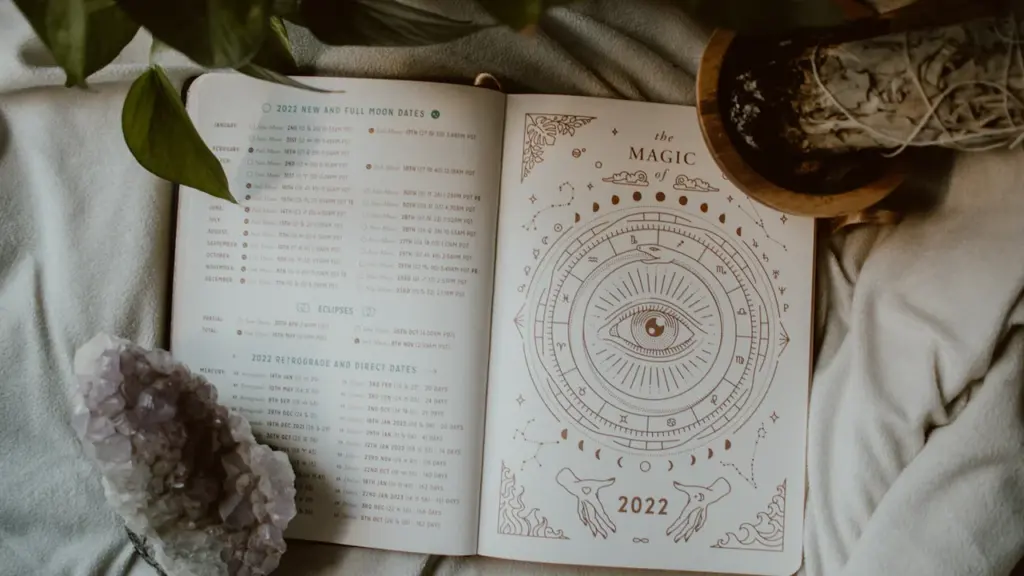 Offenes Buch mit astrologischen Illustrationen neben einer Amethyst-Kristallgruppe auf einer Decke.
