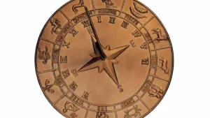 Bronzene Sonnenuhr mit eingravierten Tierkreiszeichen für eine astrologische Übersicht der Woche.