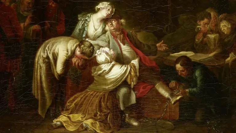 Ölgemälde zeigt einen angeketteten Mann, umgeben von trauernden Frauen und Männern in historischer Kleidung.