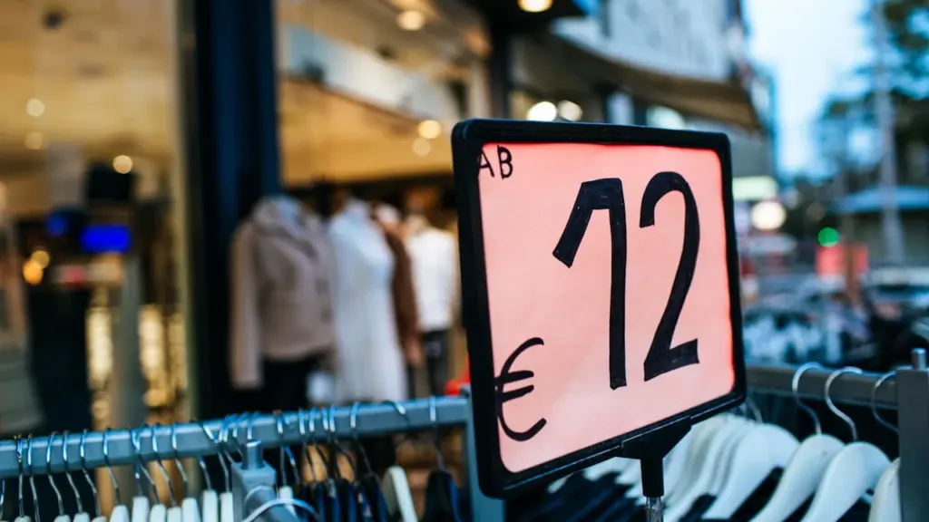 Ein Preisschild mit der Aufschrift 72 Euro in einem deutschen Bekleidungsgeschäft.