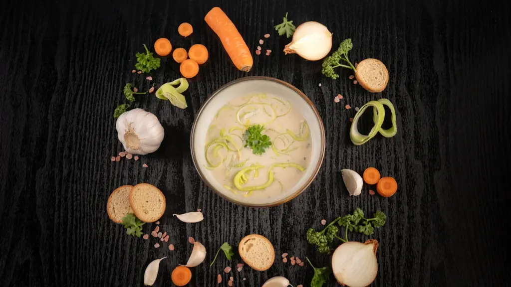 Cremige Kartoffel-Lauch-Suppe mit frischem Gemüse und Kräutern auf dunklem Holz angerichtet.