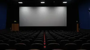 Ein leerer Kinosaal mit dunklen Sitzen und einer großen, weißen Leinwand im Zentrum.