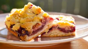 Zwei hausgemachte Stücke Zwetschgenkuchen mit Streuseln auf einem hellen Teller serviert.